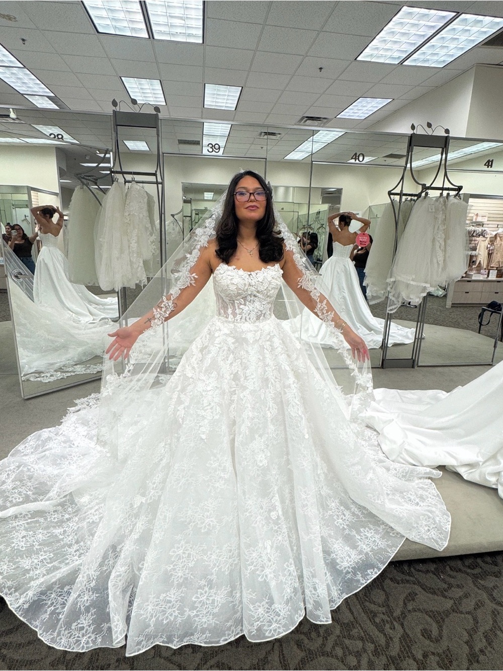 Strapless Lace Ball Gown Dress in Ivory with Matching Lace Gloves